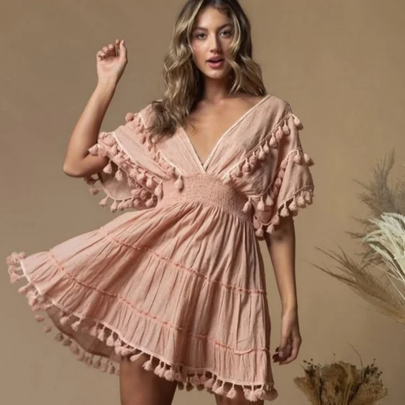 [ Z&L Europe Blush Nona Fringe Pom Tassel Cotton Woven Mini Dress ] NWT Large - Picture 3 of 3